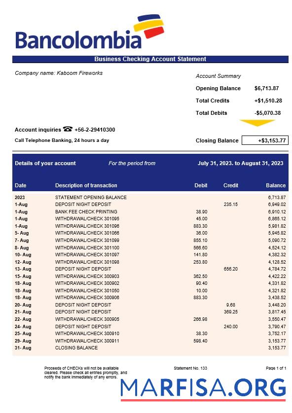 Printable Bancolombia Bank firm statement Word and PDF template